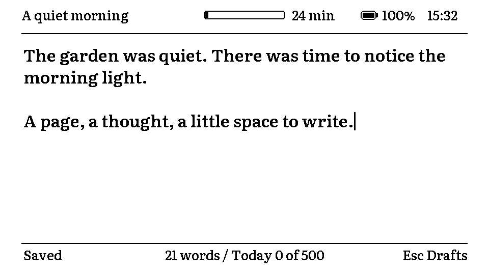 Software preview of the T5 writing screen with a draft, timer bar and word count